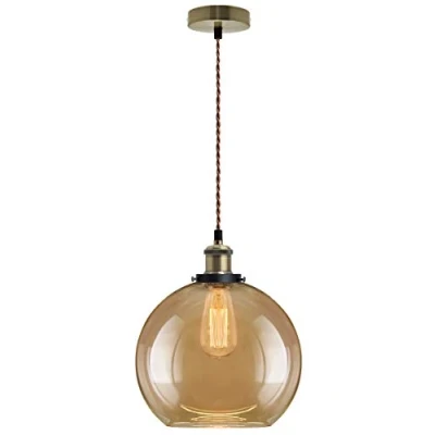 Image of Industrial Vintage Gold Smoked Glass Globe Pendant Light Round Ceiling Lamp Shade Loft Antique Brass Holder M0084