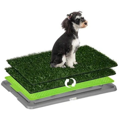 Image of PawHut Dog Toilet, Artificial Grass for Dogs with Tray Potty Training Indoor Outdoor Use, Puppy Pad Easy to Clean, 2 Packs, 67 x 41cm, Green