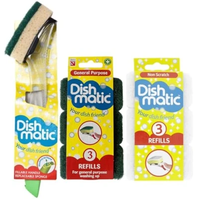 Image of Fillable Washing up Brush and Sponge Easy Grip Dish Cleaner with 3X General Purpose Refills Non Scratch