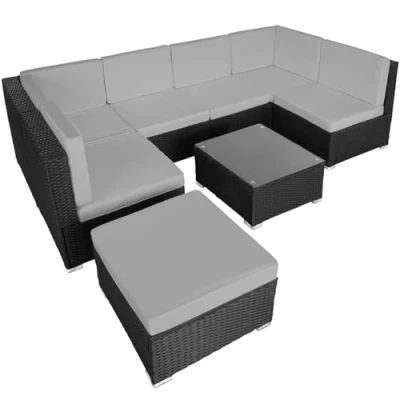 Image of TecTake® Rattan Garden Lounge Set Including 6 Chairs, 1 Stool, Table and Cushions, Modular Sectional self assembly sofa. furniture for Patio, Garden, Balcony, outdoor black/grey