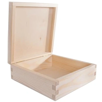 Image of Square Wooden Box with Hinged Lid 16 x 6 cm Trinket Memory Keepsake Storage Unpainted &amp; Untreated Plain Decorative Pine for Craft Decoupage