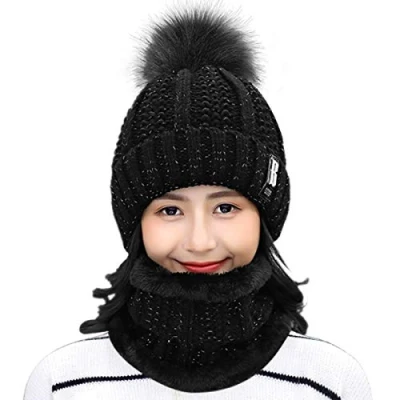 Image of HIDARLING Women Winter Hat Pom Ski Bobble Cap Knitted Beanie with Fleece Liner (Black)