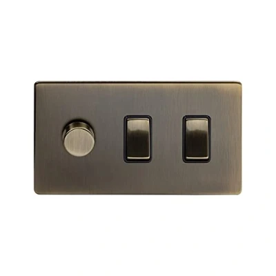 Image of Soho Lighting Antique Brass 3 Gang Light Switch with 1 dimmer (2x 2 Way &amp; 400w Trailing Dimmer) Blk Ins Screwless