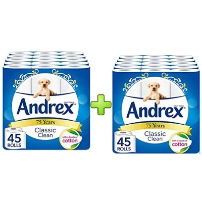 Image of Andrex Classic Clean Toilet Roll Tissue Paper 90 Rolls Bulk Multi Pack Offer