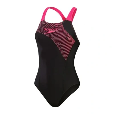 Image of Speedo Womens Medley LOGO Piece Swimsuit, Women&#039;s, Size: 28, Black/electric pink