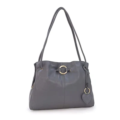 Image of Gigi Ladies Leather Shoulder Bag Medium Tote Handbag With Multiple Compartments Heart Keyring Charm OTHELLO 4323 Platinum (Dark Grey)