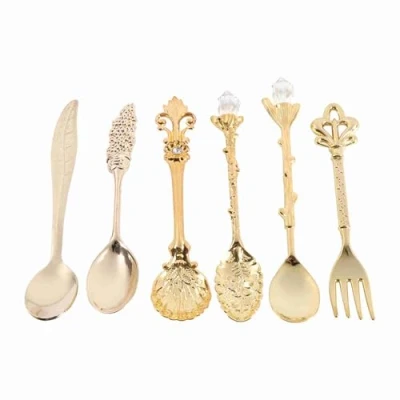 Image of Vintage Metal Coffee Spoons Fork,6Pcs Flower Spoon Teaspoon Set,Metal Carved Sweet Dessert Gold Royal Style Cake Espresso Ice Cream Teaspoons Tableware for Stirring Drink Mixing