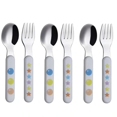 Image of EXZACT Kids Cutlery 6pcs Stainless Steel 18/10 Toddler Children&#039;s 3 x Forks, Spoons BPA Free Dishwasher Safe Stars &amp; Dots