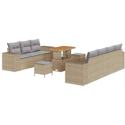 Image of vidaXL 10 Piece Garden Sofa Set with Cushions Beige Poly Rattan Acacia