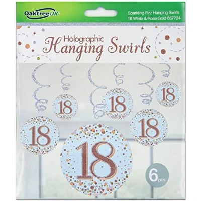 Image of OakTree Sparkling Fizz Hanging Swirls 18th White &amp; Rose Gold 6pcs