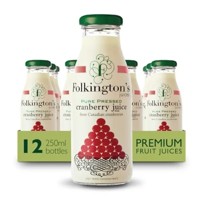 Image of Folkington&#039;s Fruit Juice, Cranberry 12 Glass Bottles, Pure Multipack x 250 ml
