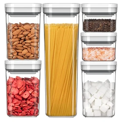 Image of MR.SIGA 6 Piece Airtight Food Storage Container Set, BPA Free Kitchen Pantry Organization Canisters, One handed Containers for Cereal, Spaghetti, Pasta, White