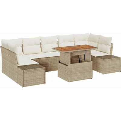 Image of vidaXL 8 Piece Garden Dining Set with Cushions Beige Poly Rattan Acacia