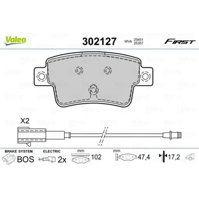 Image of 77365464, 77365886 Brake pad set VALEO 302127 FIRST Rear Axle incl. wear warning contact with anti squeak plate FIAT: Grande Punto Hatchback