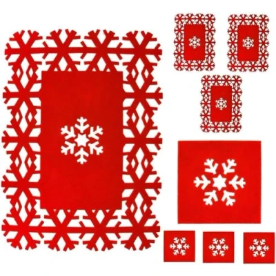 Image of SKYTE® POLY FELT RED Christmas SNOW FLAKE PLACE MAT AND COASTER SET 8Pc Party Winter Holiday Home Table Dinner Decoration