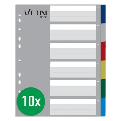 Image of VON Leitz 13050000 Pack of 10 6 Part Index A4 Blank Dividers for Folders, Polypropylene, Extra Wide, 11 Hole Universal File Folders and Ring Binders, Multi Colour,