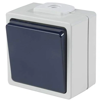 Image of As Schwabe surface mounted switch Changeover (cross section 2.5 mm²) Robust rocker (230 V / 10 A) for damp rooms and outdoors IP54 light gray blue Made in Germany I 62450