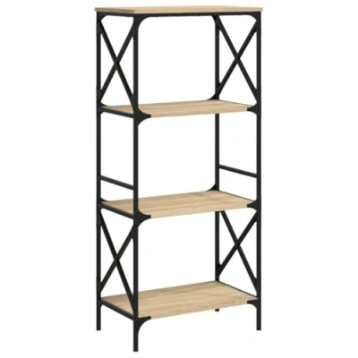 Image of vidaXL 4 Tier Sonoma Oak Bookcase Freestanding Engineered Wood Bookshelf with Industrial Style Metal Frame