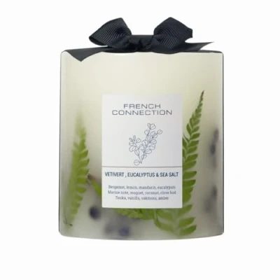Image of French Connection Botanical Infused Scented Pillar Candle Real Dried Botanicals Vegetable Wax Blend 5% Fragrance Oil Long Lasting Home Gift, (Medium, Vetivert, Eucalyptus &amp; Sea Salt)
