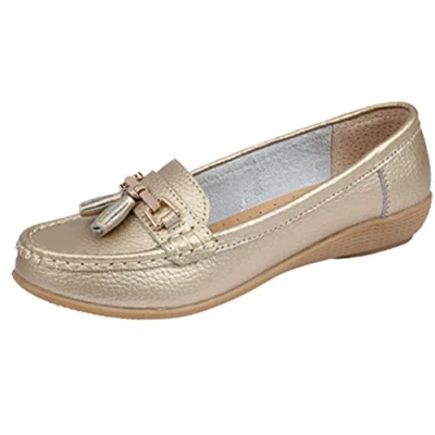 Image of Jo &amp; Joe Ladies Leather Loafer Shoes Plimsole Pumps Womens Flat Gold Size UK 7 EU 40