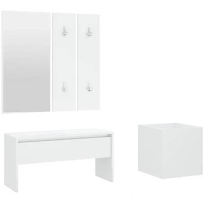 Image of vidaXL High Gloss White Hallway Furniture Set Engineered Wood, Bench with Storage, Mirror, Coat Rack Panels, and Planter