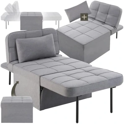 Image of TecTake® 4 in 1 Folding Chair, Bed, Lounger &amp; Footstool with Washable Cover, 6 Position Adjustable Backrest, Head Cushion, Thick Padding, Steel Frame Convertible Chair Bed for Living Room, Bedroom