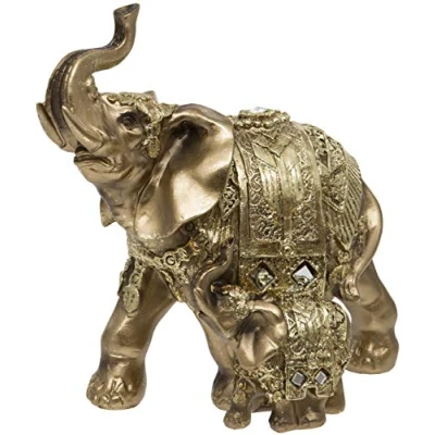 Image of Maturi Gold Coloured Elephant and Calf with Glitter Diamante Detailing
