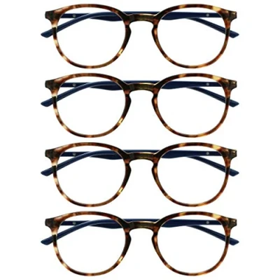 Image of OPULIZE Met Reading Glasses 4 Pack Slim Round Frame Scratch Resistant Spring Hinges Brown Tortoiseshelll Blue Arm Mens Womens RRRR60 2 +1.50