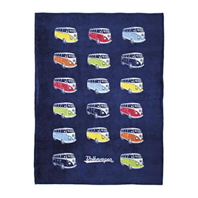 Image of BRISA VW CollectioBRISA Collection Volkswagen Soft Cuddly fluffy Fleece Blanket throw in T1 Bus &amp; Beetle Design (150x200 cm/59x78.7 in.) (Bus/Parade/Blue)