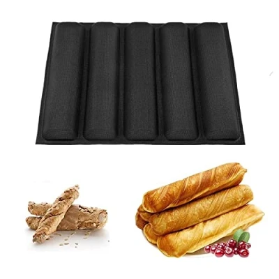 Image of Zerodis Silicone French Bread Bakeware Tray Baguette Pan 5 Loaf Rectangular Baking Liners Mat Reusable Non Stick Hot Dog Molds