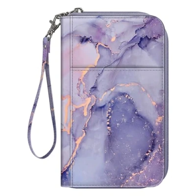 Image of FINTIE Passport Holder Travel Wallet for Family, RFID Blocking Document Organizer Clutch Bag Passports, Business Cards, Credit Boarding Passes, Lilac Marble