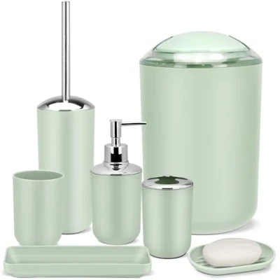 Image of IMAVO Bathroom Accessory Set 6 Piece Green Accessories with Trash Can, Soap Dispenser, Dish, Toothbrush Holder &amp; Cup, Toilet Brush Holder, Decor Sets Complete
