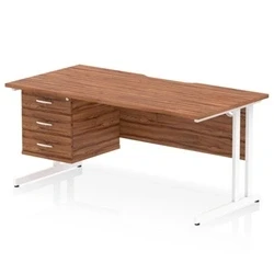 Image of Impulse 1600 x 800mm Scalloped Edge Straight Office Desk Walnut Top White Cantilever Leg Workstation 1 3 Drawer Fixed Pedestal