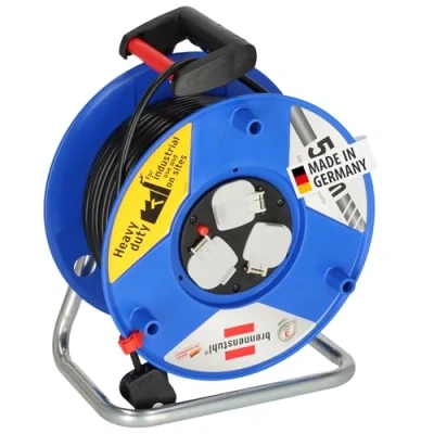 Image of Brennenstuhl Garant 3 way socket outlet cable Reel (Extension lead with 50m length, thermal cut out protection, ergonomic handle, colour: black)