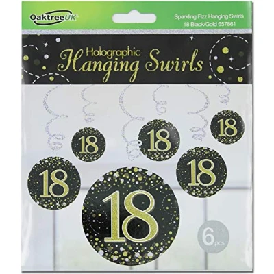 Image of OakTree Sparkling Fizz Hanging Swirls 18th Black/Gold 6pcs
