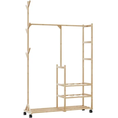 Image of vidaXL Clothes Rack with Shelves and Wheels 100x38x175.5 cm Bamboo
