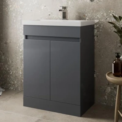 Image of Artis® 600mm Vanity Unit Basin Sink Storage Cabinet, Soft Close Doors Hinges, Floorstanding Bathroom Furniture Cupboard, Grey Gloss