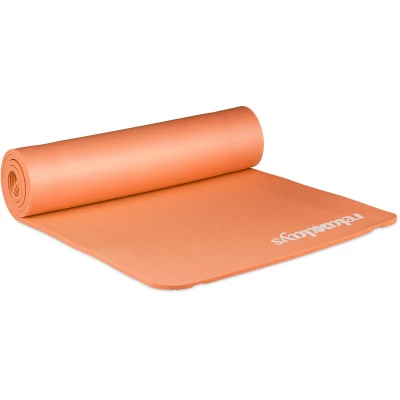 Image of Relaxdays Yoga Mat 180x60 cm, Pilates, Fitness, Stretching, Carrying Strap, Non slip, Gymnastics, 10 mm, Orange