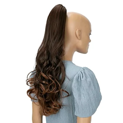 Image of CAISHA 24&quot; Long Hair Clip On Ponytail Extension Heat Resistant Synthetic Hairpiece Slightly Wavy Brown Mix H520