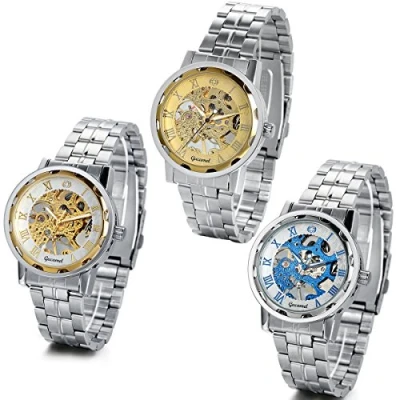 Image of JewelryWe 3PCS New Men Classic Transparent Steampunk Skeleton Mechanical Stainless Steel Watches