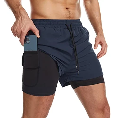 Image of Danfiki Men Running Shorts Men&#039;s Workout with Phone Pocket 2 in 1 Gym Training Lightweight Quick Drying Navy Blue