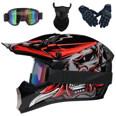 Image of Dirt Bike Motocross Helmets with Goggles Gloves Face Mask, 4PCS Set, Men Women Full Motorcycle Helmet Mountain Off Road Helmets, DOT Approved ATV Helmet(Dark red,L(56 57cm))
