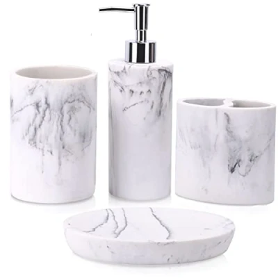 Image of ZCCZ Bathroom Accessory Set 4 Pcs, Décor Accessories with Soap Dispenser, Toothbrush Holder, Tumbler, Dish, Marble Look Vanity Countertop White