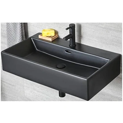 Image of Milano Nero Black Ceramic Modern Wall Hung Bathroom Basin Sink with One Tap Hole 750mm x 420mm
