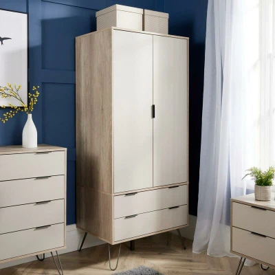 Image of Home Source 2 Door Wardrobe Cupboard, Industrial Storage Cabinet, Woodgrain Finish, Drawer, Engineered Wood, Brown