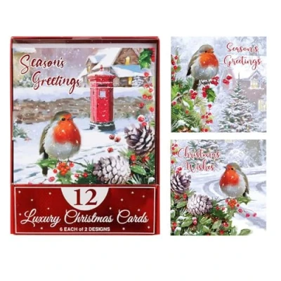 Image of 12 Assorted Christmas Card Xmas Traditional Robin 2 Design (6 of each) Season Greetings and Wishes Sending Warm to Everyone on Your List