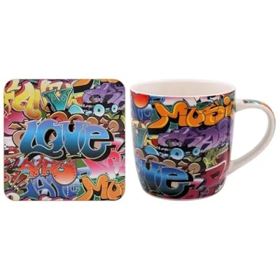 Image of Lesser &amp; Pavey Graffiti Designed Mug and Coaster Set Gift for Music Lovers Enthusiasts Any Home or Offce