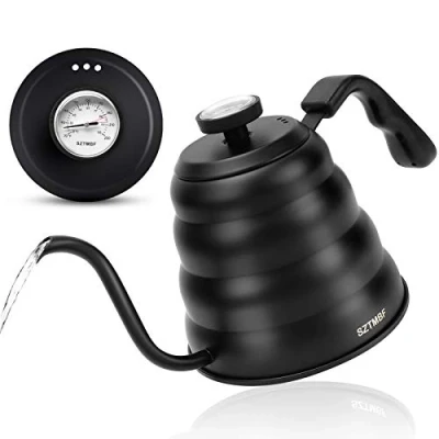 Image of Gooseneck Kettle Pour Over For Coffee and Tea with Thermometer Hand Drip Precision Flow Spout Goose Neck Jug Induction Stovetop (Matte Black, 1200ml)