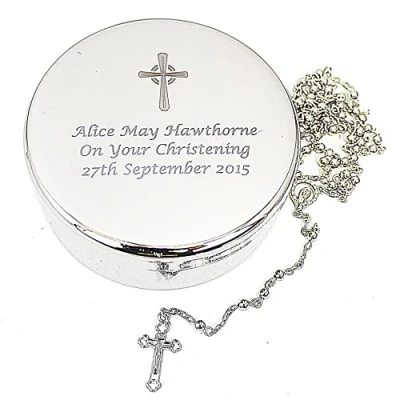 Image of Custom Personalised Cross Round Trinket Box with Rosary Beads for Christening, Communion, Confirmation, Birth, Baptism Silver