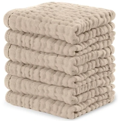 Image of Baby Washcloths, Muslin Cotton Towels, Large 10x10 Wash Cloths Soft on Sensitive Skin, Absorbent for Boys &amp; Girls, Newborn Toddlers Registry Gift (Sand, 6 Pack, 25 X CM)